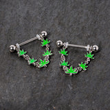 14G 5/8 Green Marijuana Pot Leaf Dangle Barbell Nipple Ring Set