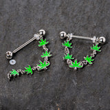 14G 5/8 Green Marijuana Pot Leaf Dangle Barbell Nipple Ring Set