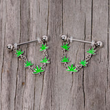 14G 5/8 Green Marijuana Pot Leaf Dangle Barbell Nipple Ring Set