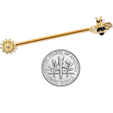14G Clear Black Gem Gold Tone Bee Sunflower Industrial Barbell 38mm