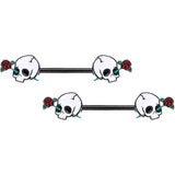 14G 9/16 Black PVD Rose Scary Skull Halloween Nipple Ring Set
