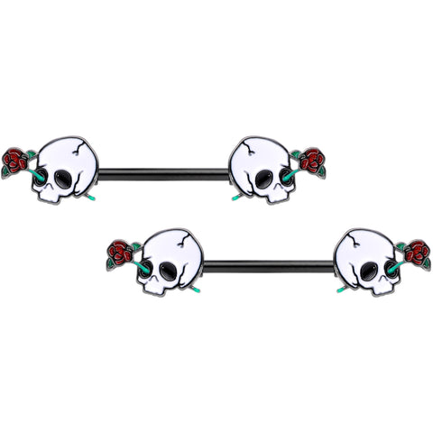 14G 9/16 Black PVD Rose Scary Skull Halloween Nipple Ring Set