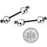 14G 9/16 Black PVD Rose Scary Skull Halloween Nipple Ring Set