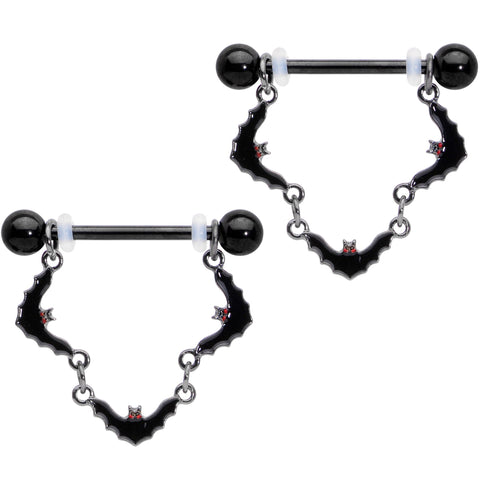14G 9/16 Black Vampire Bat Halloween Dangle Nipple Ring Set