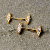 14G 9/16 Clear CZ Gem Gold Tone Texture Barbell Nipple Ring Set