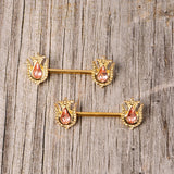 14G 9/16 Pink Gem Gold Tone Flower Barbell Nipple Ring Set