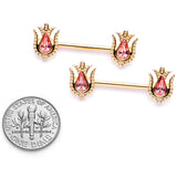 14G 9/16 Pink Gem Gold Tone Flower Barbell Nipple Ring Set