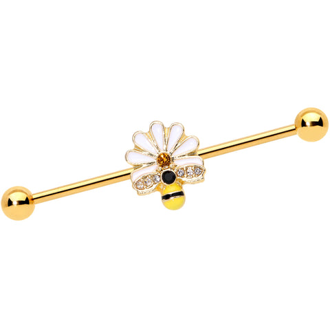 14G Gold Tone Flower Daisy Bee Industrial Barbell 38mm