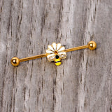 14G Gold Tone Flower Daisy Bee Industrial Barbell 38mm