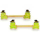 14G 9/16 Gold Tone Frog Witch Halloween Barbell Nipple Ring Set