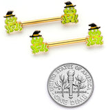 14G 9/16 Gold Tone Frog Witch Halloween Barbell Nipple Ring Set