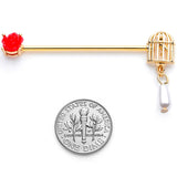 14G Gold Tone Red Flower Birdcage Industrial Barbell 38mm