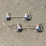 14G 9/16 Black Gem Teal Nautical Sailboat Barbell Nipple Ring Set