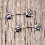 14G 9/16 Black Gem Teal Nautical Sailboat Barbell Nipple Ring Set