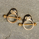 14G 9/16 Black Gem Gold Tone Barn Owl Nipple Shield Set