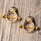 14G 9/16 Black Gem Gold Tone Barn Owl Nipple Shield Set
