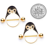 14G 9/16 Black Gem Gold Tone Barn Owl Nipple Shield Set