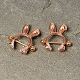 14G 9/16 Clear Gem Rose Gold Tone Bunny Ear Headphones Nipple Shield Set