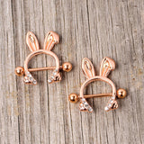 14G 9/16 Clear Gem Rose Gold Tone Bunny Ear Headphones Nipple Shield Set