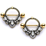 14G 5/8 Clear Gem Gold Tone Filigree Nipple Shield Set
