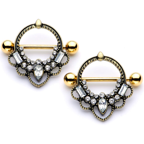 14G 5/8 Clear Gem Gold Tone Filigree Nipple Shield Set