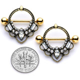 14G 5/8 Clear Gem Gold Tone Filigree Nipple Shield Set