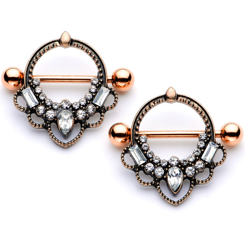 14G 5/8 Clear Gem Rose Gold Tone Filigree Nipple Shield Set