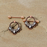 14G 5/8 Clear Gem Rose Gold Tone Filigree Nipple Shield Set