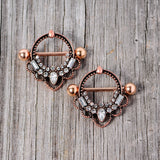 14G 5/8 Clear Gem Rose Gold Tone Filigree Nipple Shield Set