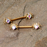14G 9/16 Aurora Gem Gold Tone Heart Spider Barbell Nipple Ring Set