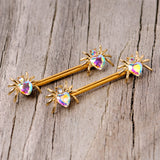 14G 9/16 Aurora Gem Gold Tone Heart Spider Barbell Nipple Ring Set