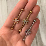 14G Aurora Gem Gold Tone Snowflake Industrial Barbell 38mm