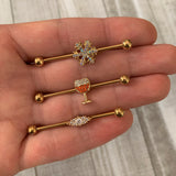 14G Aurora Gem Gold Tone Snowflake Industrial Barbell 38mm