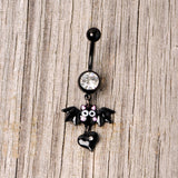 Clear Gem Black Heart Vampire Bat Halloween Dangle Belly Ring