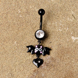 Clear Gem Black Heart Vampire Bat Halloween Dangle Belly Ring