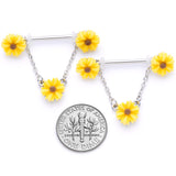 14G 5/8 Yellow Sunflowers Dangle Nipple Ring Set