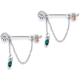14G 5/8 Green Yellow Gem Flower Bee Dangle Nipple Ring Set