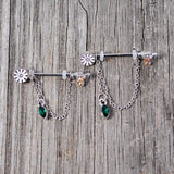 14G 5/8 Green Yellow Gem Flower Bee Dangle Nipple Ring Set