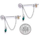 14G 5/8 Green Yellow Gem Flower Bee Dangle Nipple Ring Set