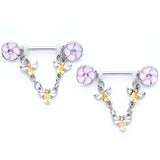14G 5/8 Yellow Clear Gem Bee Flower Dangle Nipple Ring Set