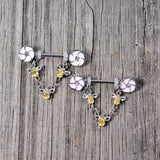 14G 5/8 Yellow Clear Gem Bee Flower Dangle Nipple Ring Set