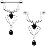 14G 9/16 Black Gem Spider Halloween Dangle Nipple Ring Set
