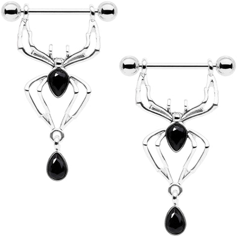 14G 9/16 Black Gem Spider Halloween Dangle Nipple Ring Set