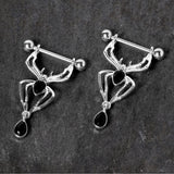 14G 9/16 Black Gem Spider Halloween Dangle Nipple Ring Set
