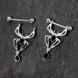 14G 9/16 Black Gem Spider Halloween Dangle Nipple Ring Set