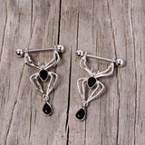 14G 9/16 Black Gem Spider Halloween Dangle Nipple Ring Set