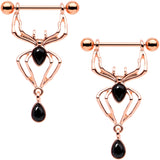 9/16 Rose Gold Tone Black Gem Spider Halloween Dangle Nipple Ring Set