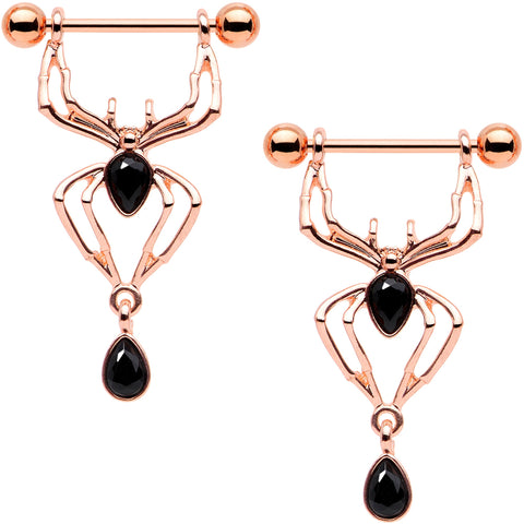 9/16 Rose Gold Tone Black Gem Spider Halloween Dangle Nipple Ring Set
