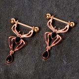9/16 Rose Gold Tone Black Gem Spider Halloween Dangle Nipple Ring Set