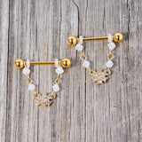 14G 5/8 Clear Gem Gold Tone Dainty Flower Dangle Nipple Ring Set